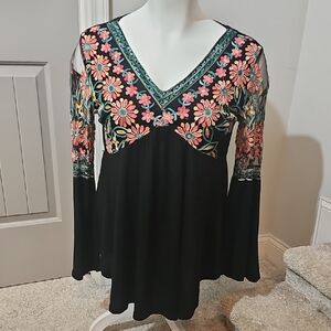 Rosegal Black Tunic with Pink & Green Floral Embroidery
